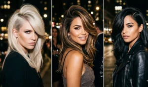 A split image of three women wearing deep side-part blowouts, creating massive asymmetrical volume and height at the hair crown.