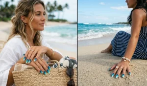 A split-screen photo of ocean wave blue gradient coffin nails seamlessly blending navy, turquoise, and seafoam green alongside beach accessories.