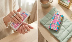 A two-panel collage showing a person warming up a sealed package of nail polish strips between their hands, alongside the strips resting on a heating pad to maximize flexibility.