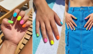 A three-panel collage displaying mismatched island bright Skittle nails, with each finger painted a completely different solid neon shade including lime, cyan, yellow, pink, and orange.
