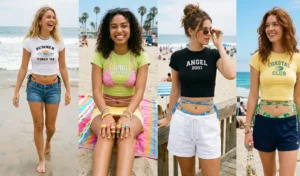 A four-panel grid showing four women at the beach wearing fitted graphic baby tees layered over classic string bikinis, accessorized with colorful chunky resin rings.