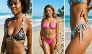 A three-part collage showing women modeling black and hot pink Y2K rhinestone-embellished string bikinis on a sunny beach.