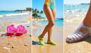 A three-part collage highlighting waterproof neon pink, lime green, and glitter-infused clear Y2K jelly sandals on the beach.