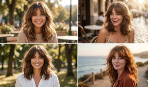A 4-panel image showing women with wispy curtain bangs styled in a C-shape, seamlessly blended into bouncy mid-length blowouts.