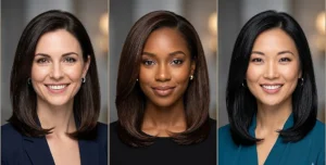 A photo collage of three women wearing the sophisticated beveled lob blowout, featuring collarbone-grazing hair with a smooth, subtle inward tuck at the ends.
