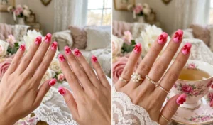Bubblegum pink nails decorated with sweet 3D sculpted cherry red bows for a feminine coquette aesthetic.