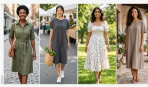 A grid showing four popular casual cotton dress styles for women, including a belted shirt dress, a comfortable T-shirt dress, a feminine smocked dress, and a loose everyday midi dress.