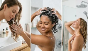 Collage demonstrating the reverse washing prep method for a medium length hair blowout, showing conditioner application on ends, massaging clarifying shampoo into the scalp, and a final cold water rinse.