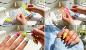 A four-panel collage displaying a Skittle Manicure process, showing a selection of leftover pastel and neon nail strips, the application process, and the final vibrant look with a different color on each stiletto nail.
