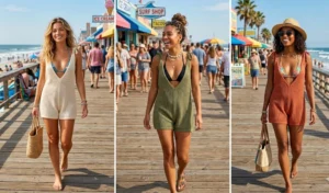A three-panel collage of women strolling on a sunny boardwalk wearing comfortable, lightweight knitted rompers with deep V-necklines layered over their summer swimwear.