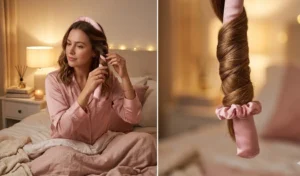 Split screen showing the overnight heatless blowout method, featuring medium length hair wrapped around a pink silk rod and safely secured at the ends with mini silk scrunchies.