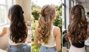 A collage of three women with mid-length blowouts styled in a half-up hairstyle using aesthetic claw clips, with bouncy ends cascading down like a waterfall.