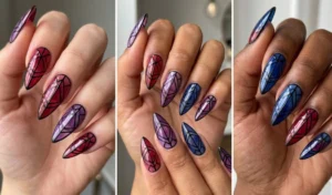 A three-panel collage showcasing intricate stained glass mosaic stiletto nails painted with translucent jewel-tone jelly polishes.