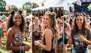 A three-panel photo collage of women wearing playful half-up space buns on top of their heads while the rest of their mid-length bouncy blowout flows freely in the back.