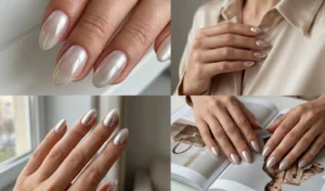 High-shine glazed donut chrome nail finish on natural nails, showing a reflective, wet-looking metallic gleam.
