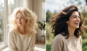 A 2-panel image highlighting the airy cloud blowout style, showing weightless, ethereal, and soft voluminous movement on mid-length hair.