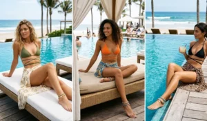 A three-panel collage of women lounging by a pool wearing strappy wrap-around waist floss bikinis and loosely tied sheer pareos, decorated with bohemian beaded barefoot anklets.