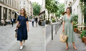 Two casual outfit ideas showing how to style cotton dresses, featuring one look paired with white sneakers and a crossbody bag, and another paired with minimal sandals and a woven tote.