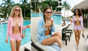 A 3-panel collage showing young women at a tropical resort wearing pastel Y2K terry cloth zip-up hoodies, matching micro-shorts, and rhinestone bikinis.