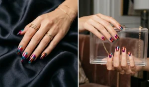 Sophisticated bright multi-colored tortoiseshell nail art using translucent teal, magenta, and amber jelly polish.
