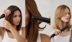 Collage tutorial for creating a faux blowout with a flat iron, highlighting the continuous C-curve wrist motion and over-directing face-framing layers for sweeping volume.