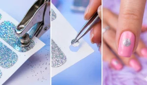 A three-panel collage demonstrating a polka dot nail hack, showing a hole punch cutting a silver glitter nail strip, tweezers lifting the dot, and the glitter circle pressed onto a solid pink base color.