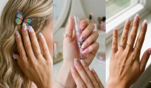A four-frame layout showcasing early 2000s inspired frosty metallic chrome manicures in icy baby blue, pastel lilac, mint green, and futuristic liquid silver with a mirror finish.