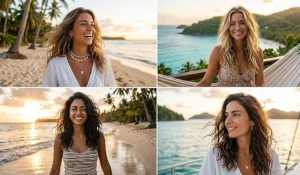 A split-screen of four women showing off the relaxed beachy undone blowout with loose, textured, and natural-looking waves.