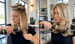 Split image demonstrating the viral hot air brush blowout method on sectioned medium hair, showing the technique of twisting the oval brush outward to create flicked, bouncy ends.