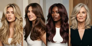 A split-screen of four women displaying the trendy butterfly cut blowout, highlighting short, feathery face-framing pieces blending into long cascading layers.