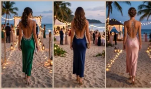 A 3-panel grid featuring women at an evening beach event wearing slinky silk maxi dresses with lower-back cutouts outlined in rhinestone chains.