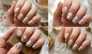 "Four-panel collage of delicate micro-floral spring nail art featuring tiny hand-painted buds and leaves over a sheer milky white base."