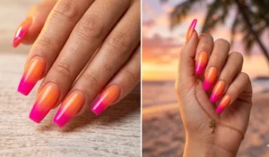 A two-panel collage of tropical aura nails, featuring a seamlessly diffused gradient that glows from a sun-kissed orange center outward to a deeply saturated neon fuchsia edge on long coffin nails.