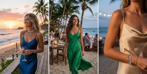 A romantic three-panel photo collage featuring women wearing elegant silk slip dresses in vibrant jewel tones. The dresses are styled with casual coastal jewelry like authentic puka shell chokers for a seaside dinner look.
