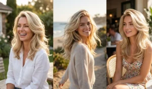 Three women with soft vanilla blonde hair featuring bright dimensional highlights and high-gloss, swept-back blown-out layers.