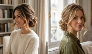 A side-by-side image of two women wearing elegant, low messy chignon buns pinned at the nape of the neck, styled from mid-length blown-out hair.