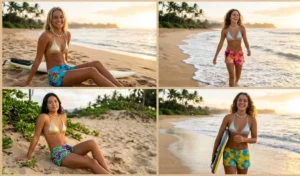 A 4-panel grid featuring women on a beach in metallic gold and silver halter tops paired with low-rise tropical board shorts and puka shell necklaces.