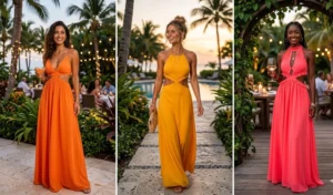 A 3-panel collage featuring women in floor-length tangerine and mango yellow maxi dresses with waist cut-outs at a tropical evening dinner.