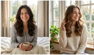 Split-screen of two women showcasing healthy, bouncy waves achieved with a heatless overnight blowout method.