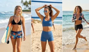 A dynamic three-panel photo collage showcasing functional and fashion-forward active outfits. Women are shown holding surfboards and ready for beach volleyball, wearing sporty boardshorts, classic triangle bikini tops, and rimless tinted sunglasses.