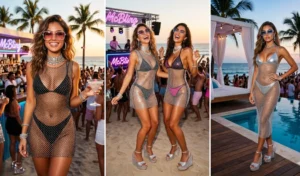 A 3-panel collage of women at a luxury beach club wearing rhinestone-embellished sheer mesh dresses over bikinis with oversized sunglasses.