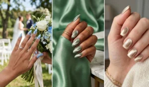 Three-panel collage showcasing multidimensional shimmer on blue, sage green, and champagne velvet cat-eye nails.