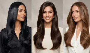 Three women with ultra-reflective, glossy liquid hair blowouts featuring sleek silhouettes and gentle sweeping bends at the ends.