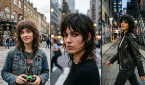 A 3-panel collage showing women with edgy, matte-finish shaggy blowouts, emphasizing deeply texturized, piecey layers and choppy bangs.