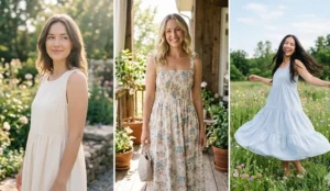 A three-panel split-screen photo collage of cotton dress trends. Panel 1: Close-up of a woman in a neutral cream cotton dress. Panel 2: Woman in a floral print cotton dress with a smocked bodice. Panel 3: Woman twirling in a tiered, relaxed-silhouette cotton dress.