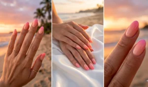 "Three-panel collage showing a seamless sunset ombre nail design fading from soft peach at the cuticle to vibrant pink at the tips."