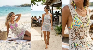 A three-panel photo collage featuring stylish women modeling Y2K-inspired crochet mini dresses over brightly colored bikinis in a beach setting. The looks transition from lounging on white sand to walking near a cafe.