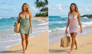 Pastel crochet dresses at the beach