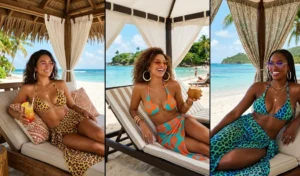 A 3-panel collage showing women under beach cabanas wearing vibrant cheetah and hibiscus print sheer sarongs with matching bikini tops and oversized hoop earrings.