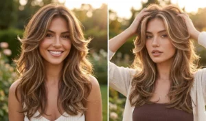 Split-screen of two women with a face-framing butterfly cut blowout featuring soft, outward-sweeping front layers and a romantic vibe.